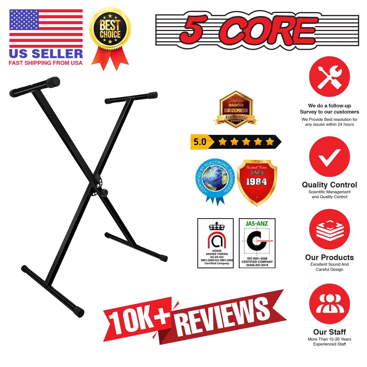 5Core Keyboard Stand Single X Style Adjustable Lift Piano Riser For 49 To 88 Keys BLACK