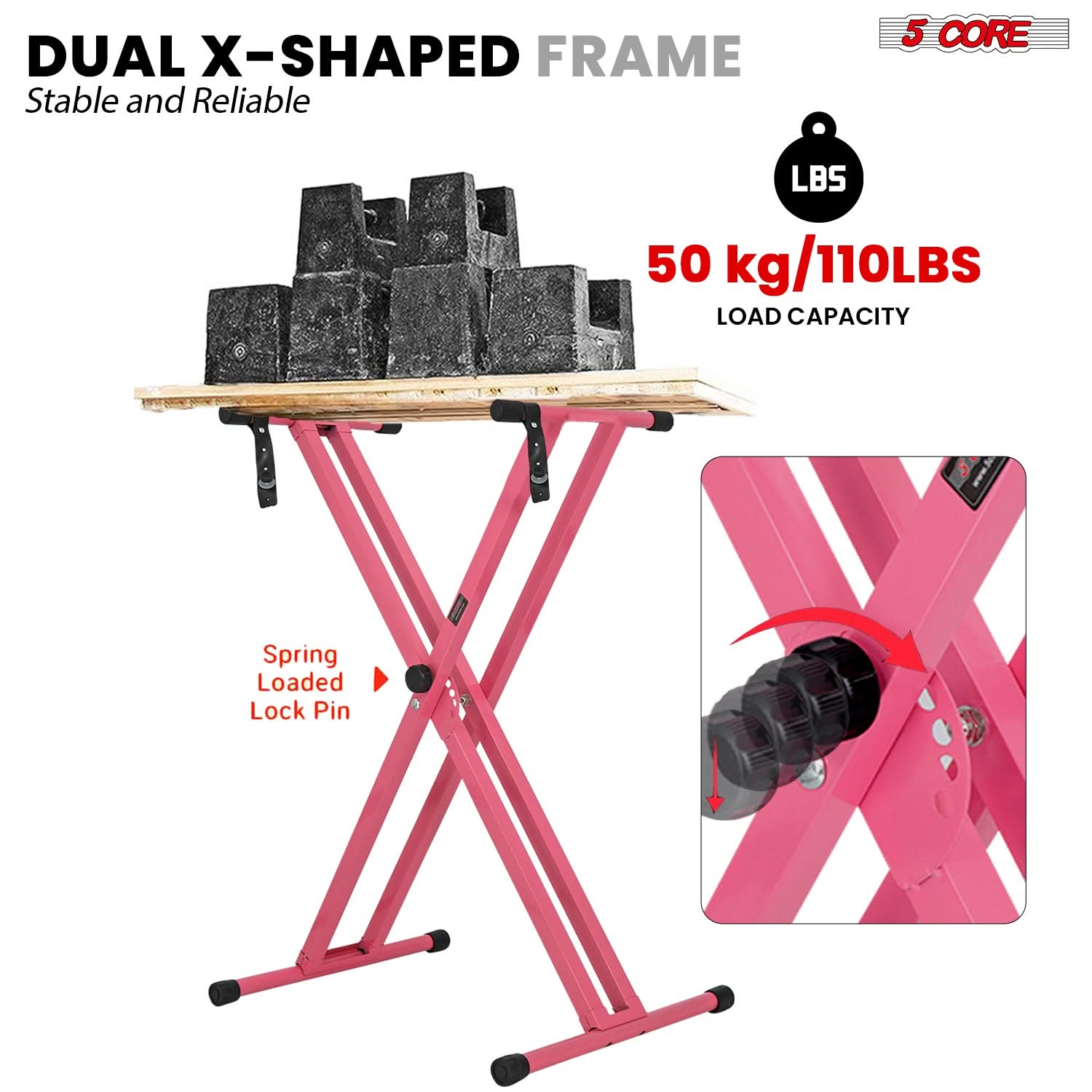 5Core Keyboard Stand Double X Style Adjustable Lift Piano Riser For 49 To 88 Keys BABY PINK